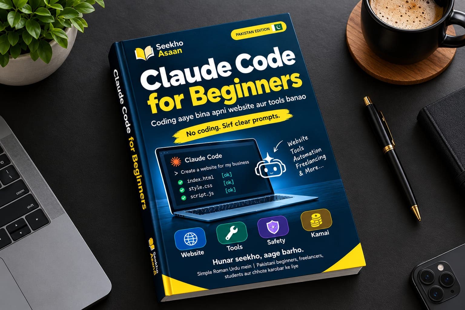 Claude Code for Beginners eBook desk par rakhi hui